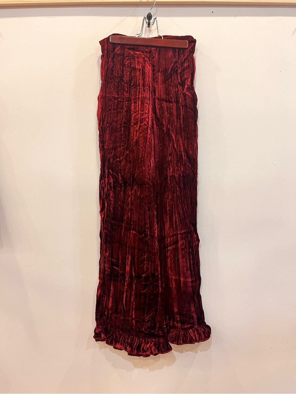 Batsheva Red Crushed Velvet Ruffle Pants